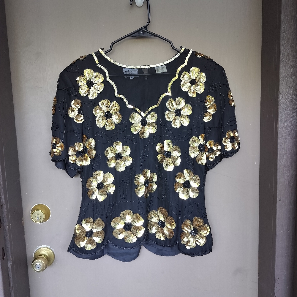 Stenay Vintage Silk Beaded Sequin Gold Floral Short‎ Sleeve Blouse